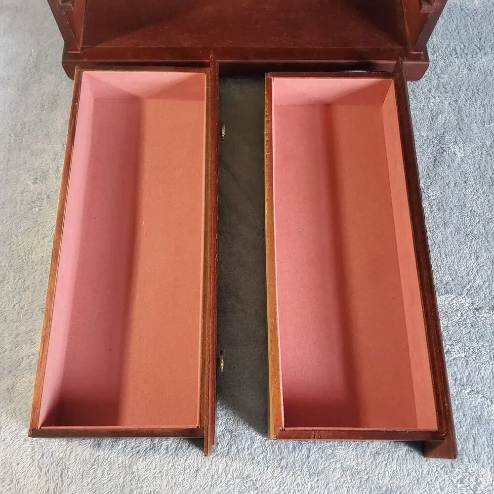 Vintage Wooden Jewelry Armoire Chest Storage Box Pink Velvet Lining 12